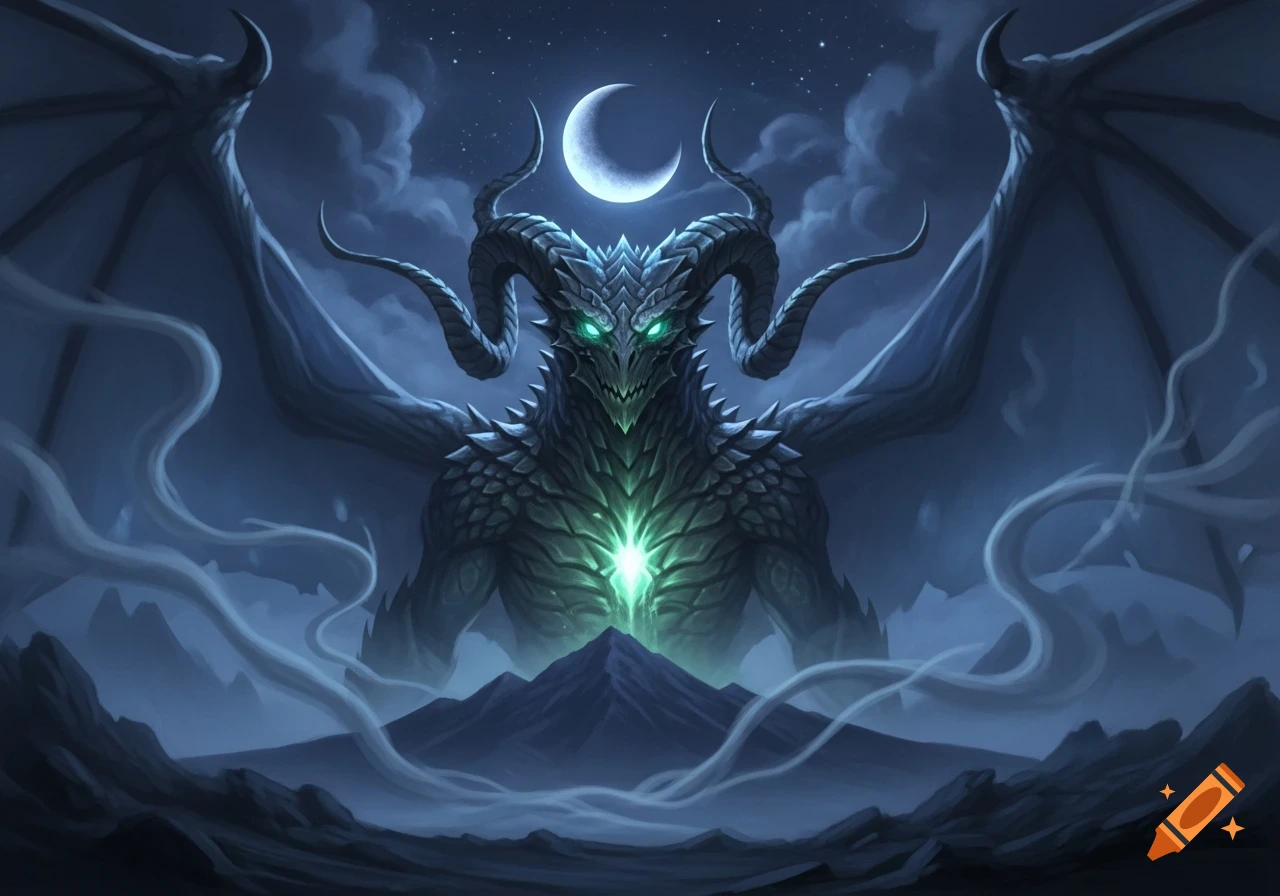 A large, horned, winged monster with glowing green eyes and chest rises from smoke and mountains under a crescent moon in a fantasy setting.