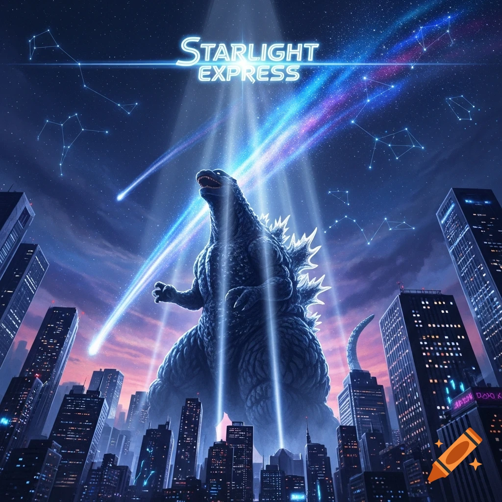 Godzilla roars in a glowing city at night, looking up at a starlit sky with streaking lights and 'STARLIGHT EXPRESS' text.