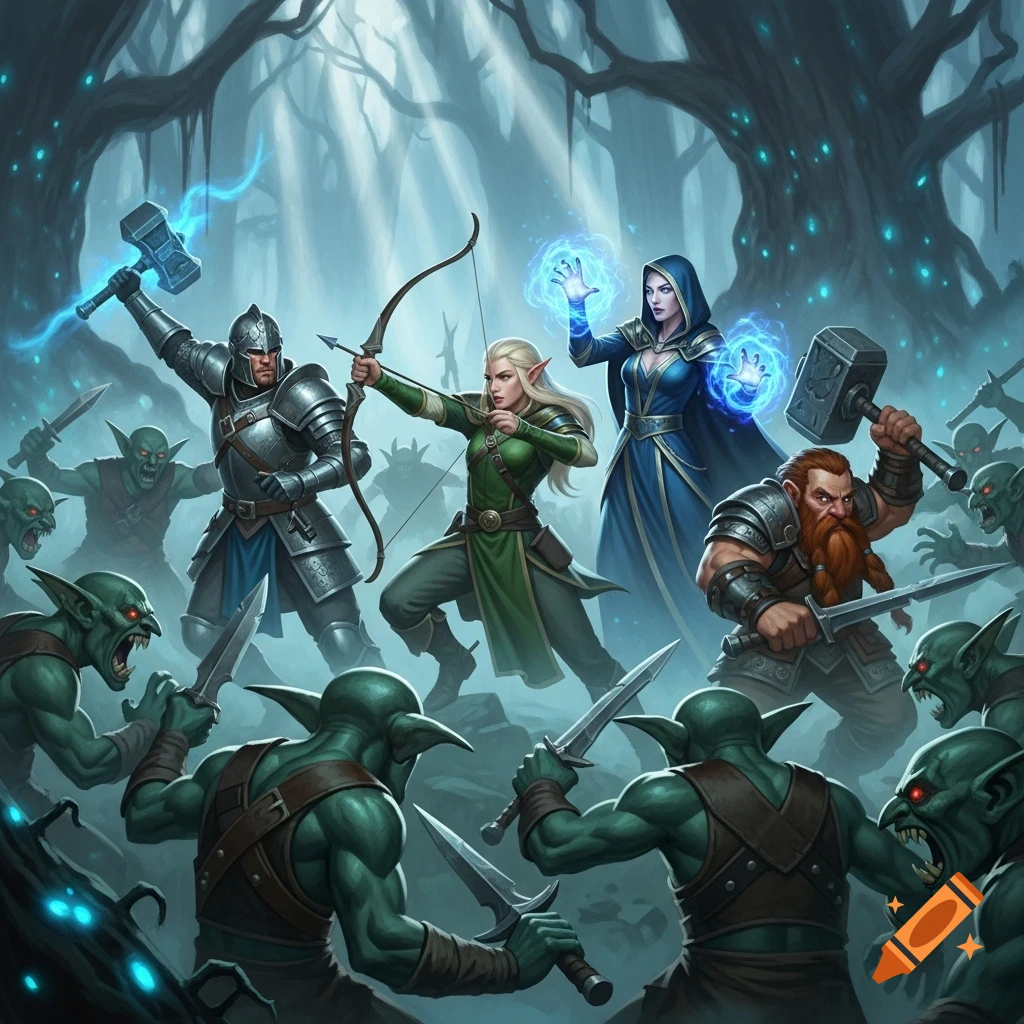 A group of fantasy adventurers – a knight, an elf archer, a wizard, and a dwarf – battle an army of green goblins in a misty forest.