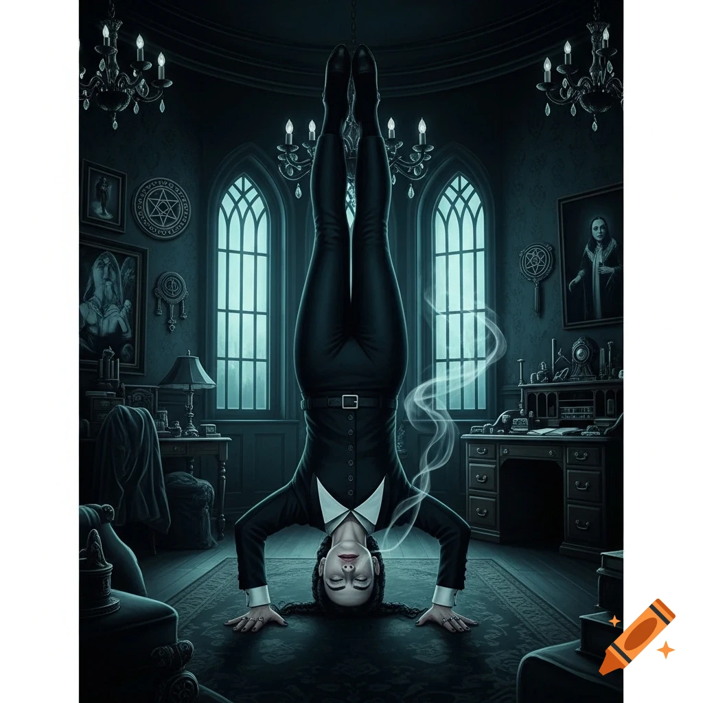 Wednesday Addams performing a handstand with eyes closed in a gothic room with arched windows. Digital illustration.