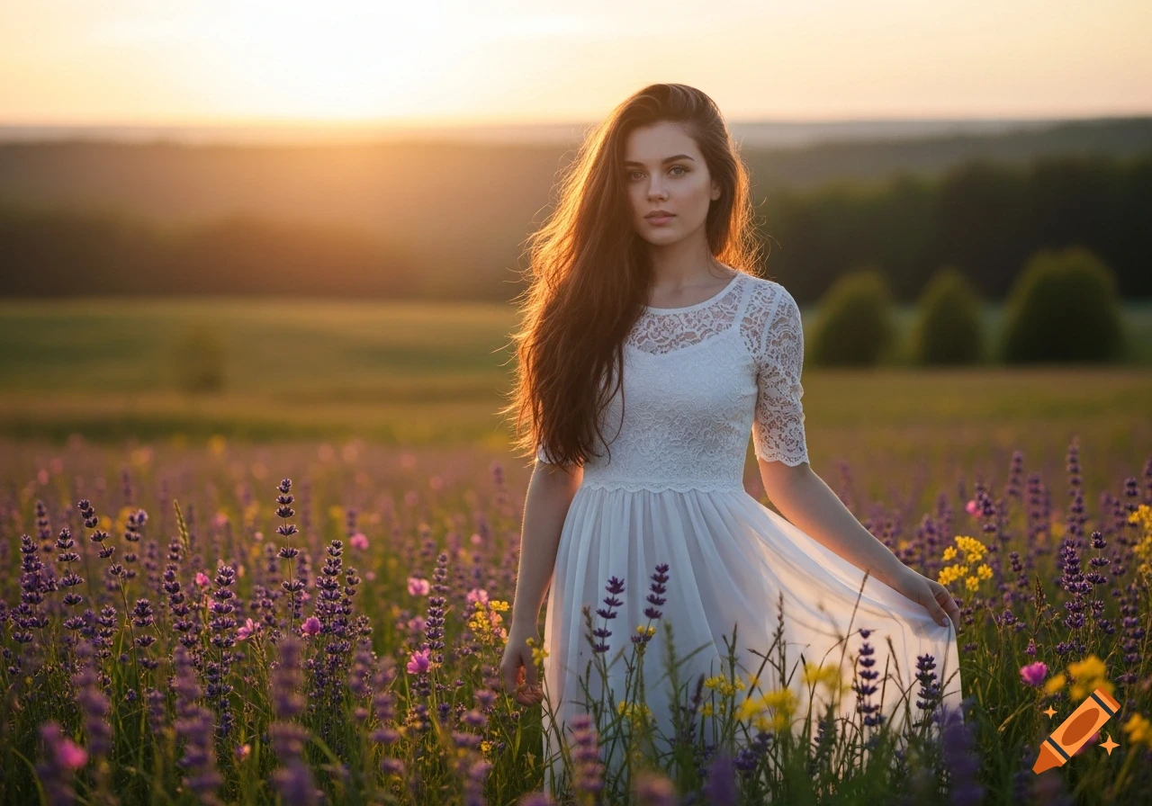 A young woman with long brown hair in a white lace dress stands in a ...