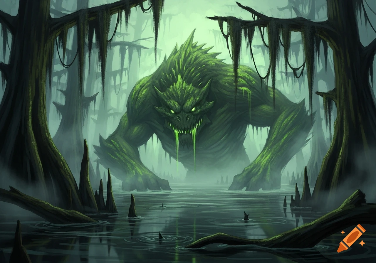 A large, green swamp monster with glowing eyes stands in a misty, dark swamp surrounded by gnarled trees.