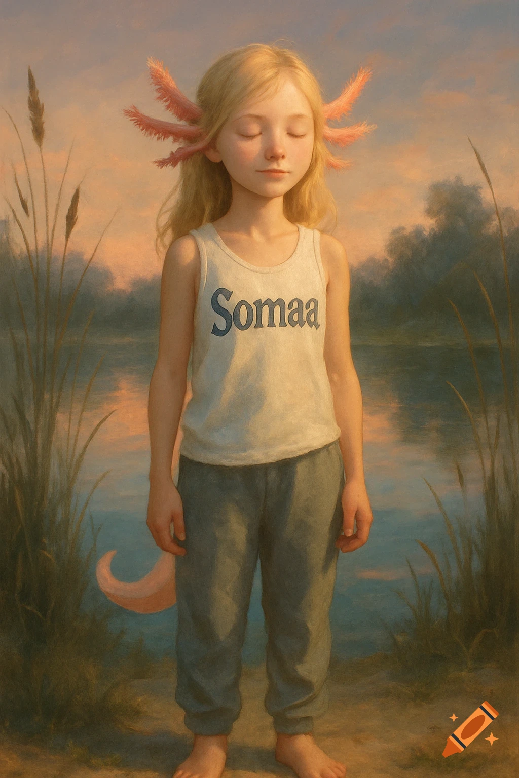 A barefoot blonde girl with axolotl gills and tail stands peacefully by a lake at sunset, wearing a tank top with 'Somaa' on it.