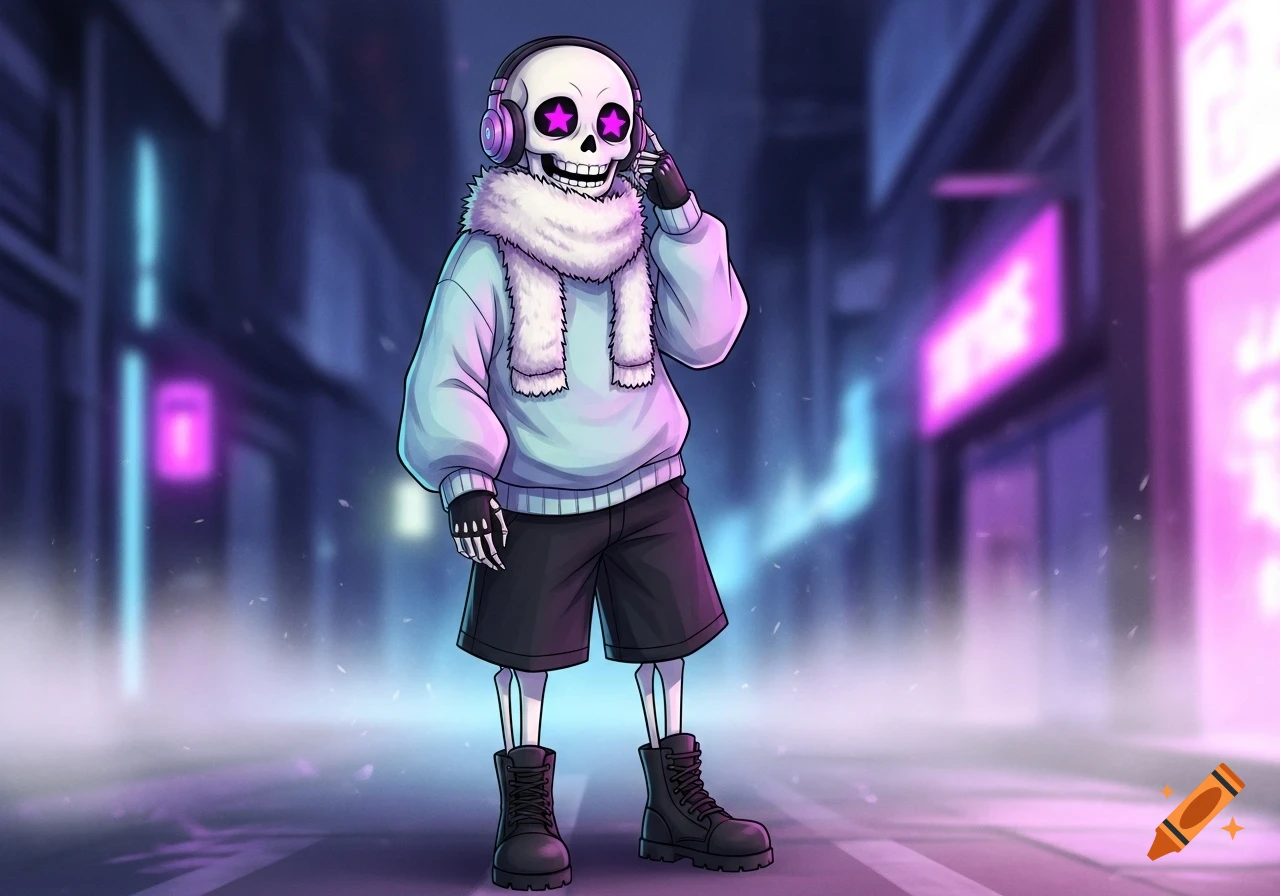 Cartoon skeleton character Sans with star pupils, wearing a pastel sweater, shorts, combat boots, headphones, and a white scarf, standing on a neon-lit street.