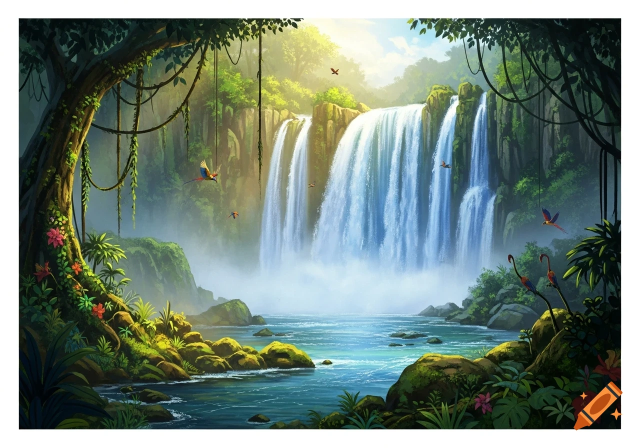 Vibrant illustration of a lush jungle waterfall with exotic birds flying over the serene blue water and mossy rocks.