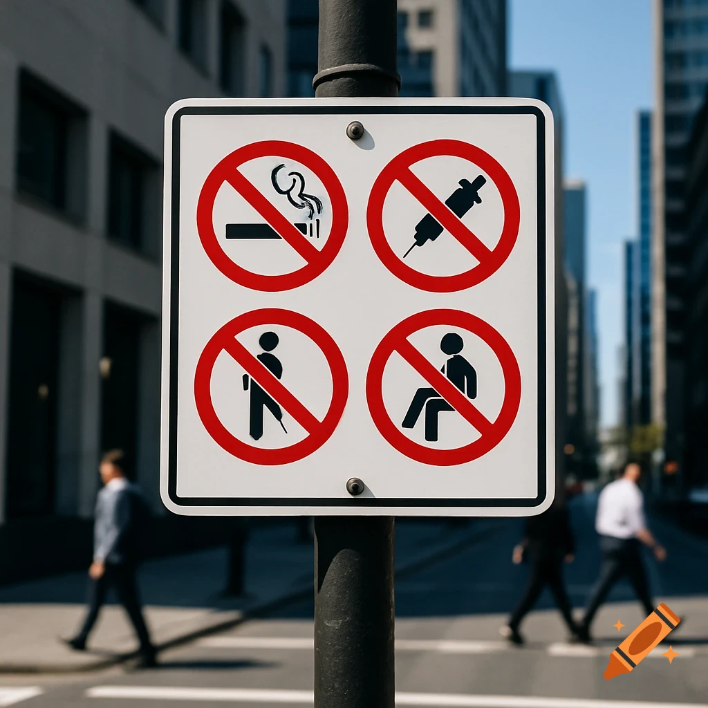 A white sign on a city lamppost shows red-crossed symbols for no smoking, drugs, peeing, and sitting, with blurred people walking in the background.