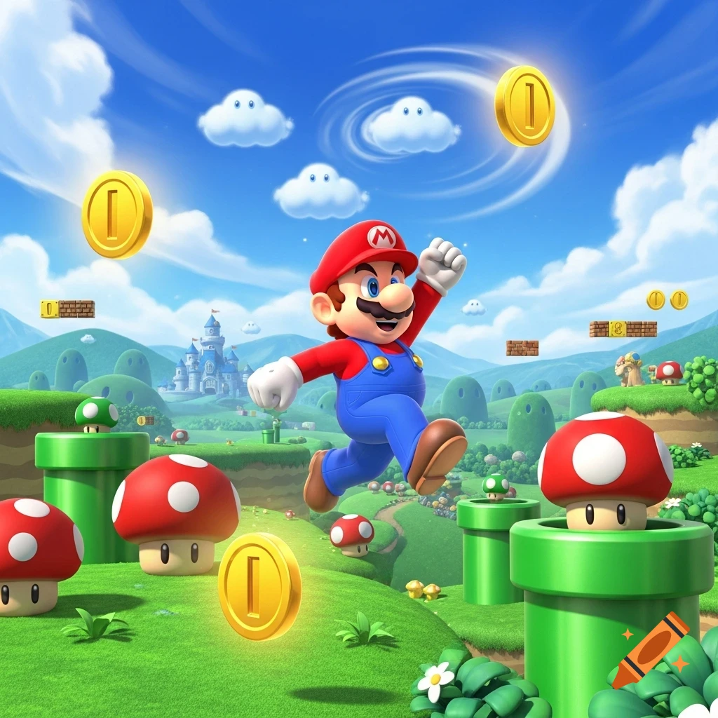 Mario jumps through a colorful 3D game world with green hills, red mushrooms, pipes, gold coins, and a distant castle under a blue sky.