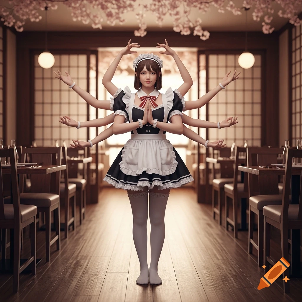 A maid with many arms poses like Kannon in a Japanese-style cafe, with cherry blossoms hanging from the ceiling.