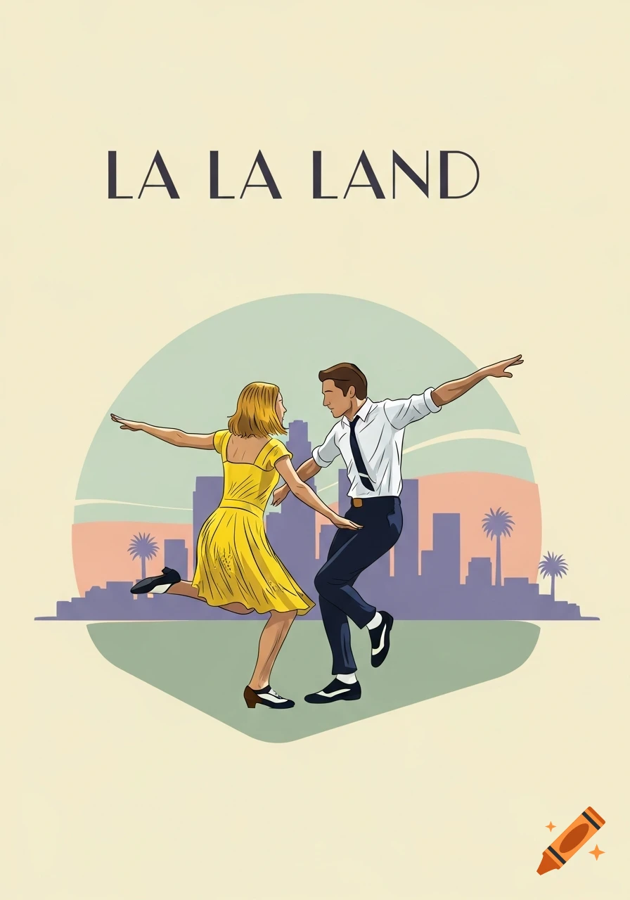 Minimalist illustration of a man and woman dancing, with a city skyline in the background, and "LA LA LAND" text.