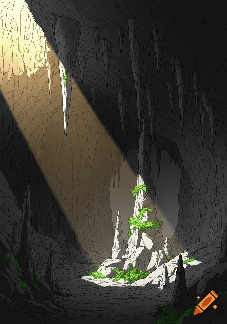 Anime line art of a dark cave cavern, with a dramatic light beam from the top left illuminating rocky formations and green plants.