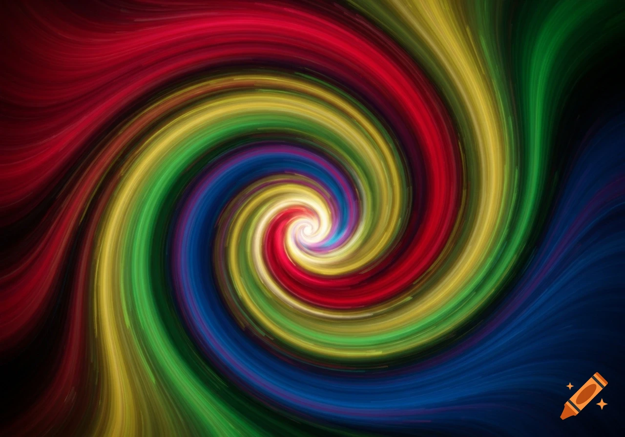 A vibrant abstract spiral of red, green, yellow, and blue colors merging from a bright center.