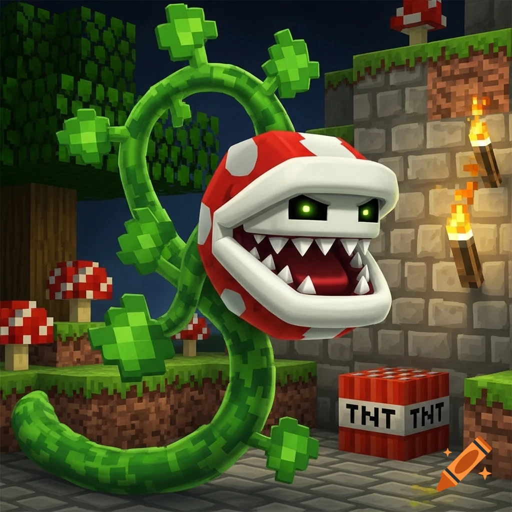 A Mario Piranha Plant with glowing green eyes in a blocky Minecraft world with mushrooms, torches, and a TNT block.