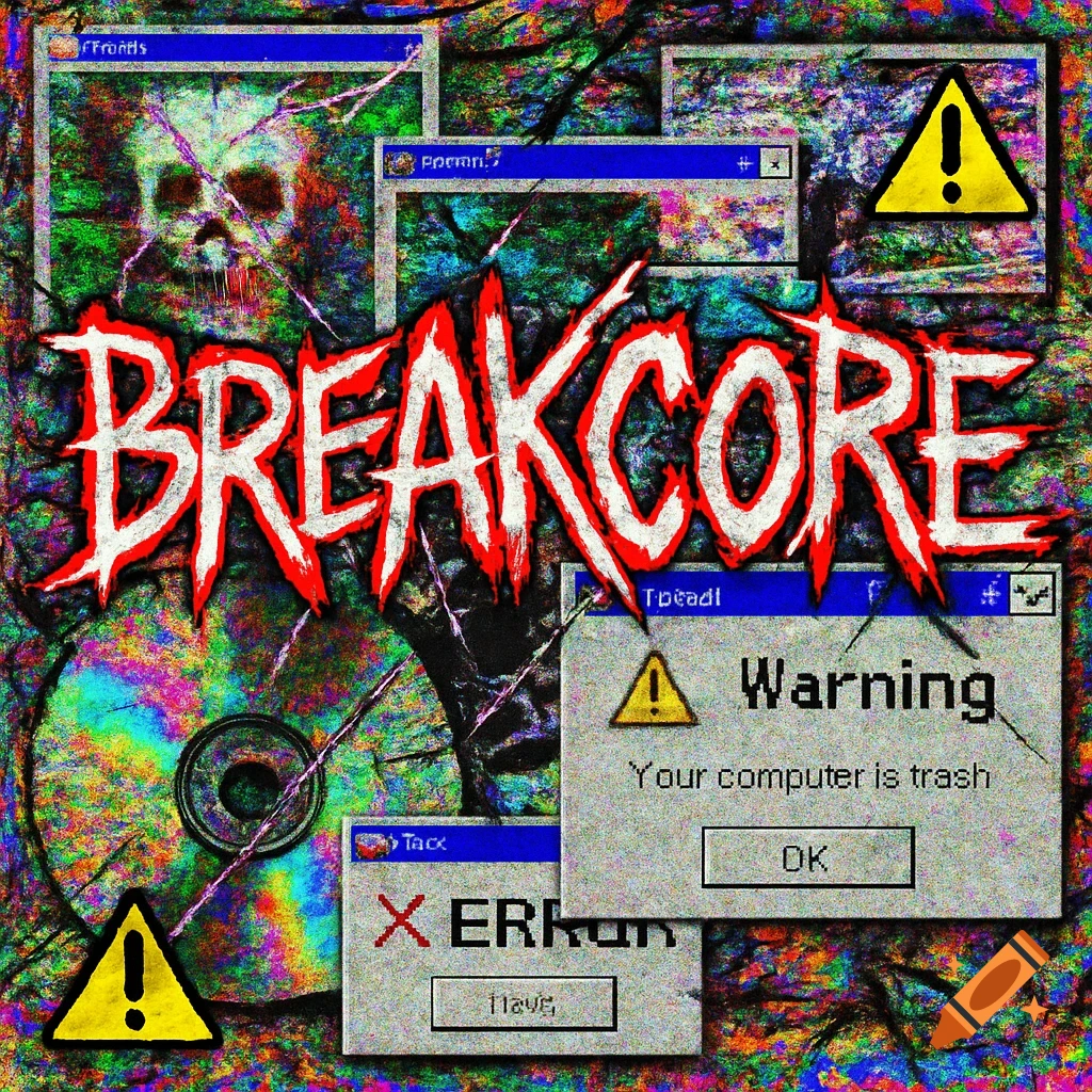 A chaotic, glitchy album cover with the word 'BREAKCORE' in a jagged font, surrounded by overlapping, distorted computer windows, warning symbols, and a skull, evoking an early 2000s internet trash aesthetic.