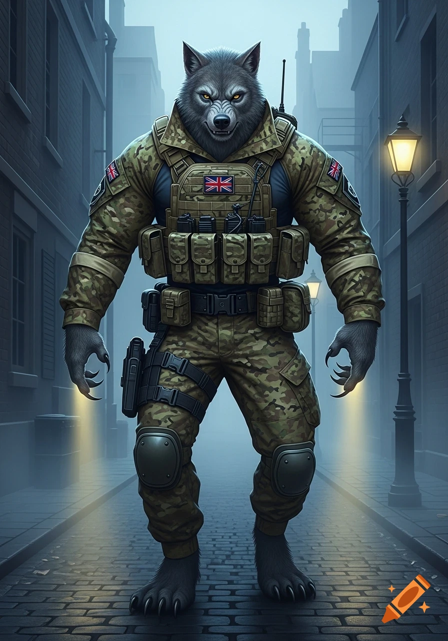 A muscular werewolf in a full modern British combat uniform with camouflage and tactical gear stands in a foggy city alley.