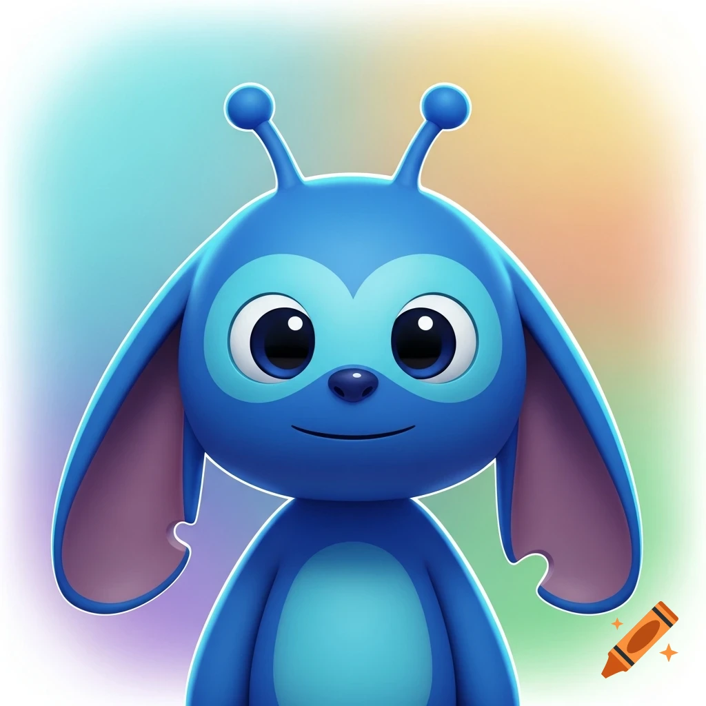 A friendly, bright blue cartoon alien character with large floppy ears, big expressive eyes, and antennae, set against a colorful gradient background.