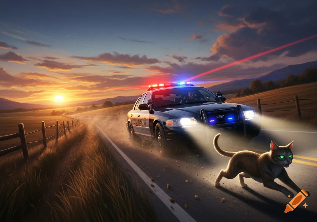 A police car with flashing lights chases a cat down a rural road at sunset, cartoon style.