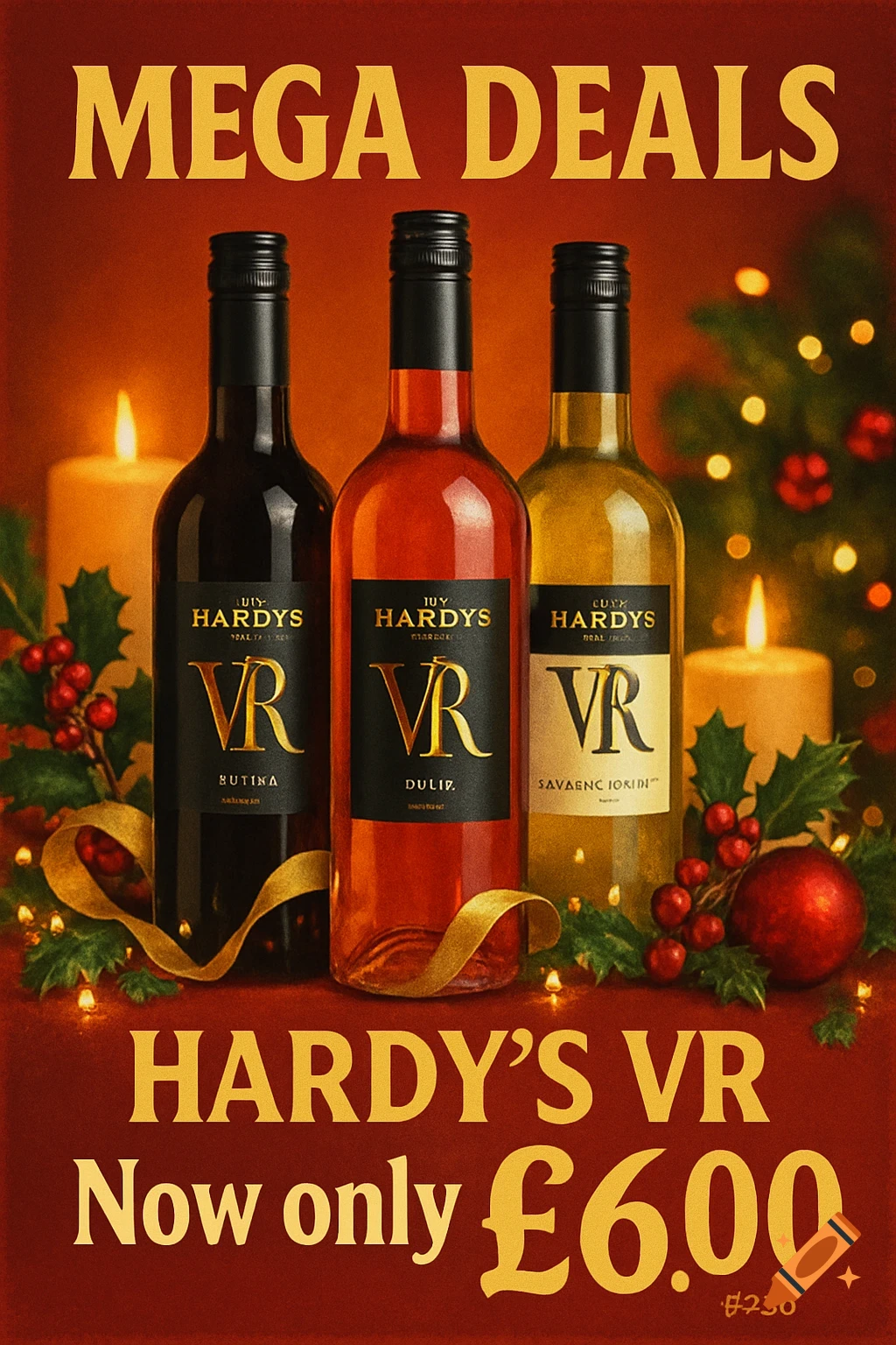 A Christmas-themed poster for "Hardy's VR" wine, advertising "Mega Deals" with bottles priced at "Now only £6.00". Candles, holly, and a blurred Christmas tree decorate the background.