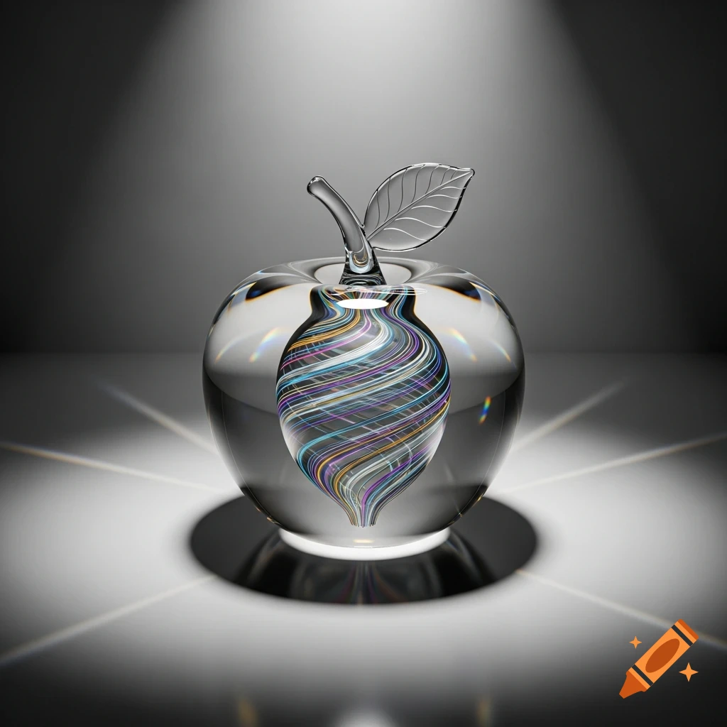 A dramatic close-up of a clear glass apple with a swirling colorful core, glowing under a spotlight.