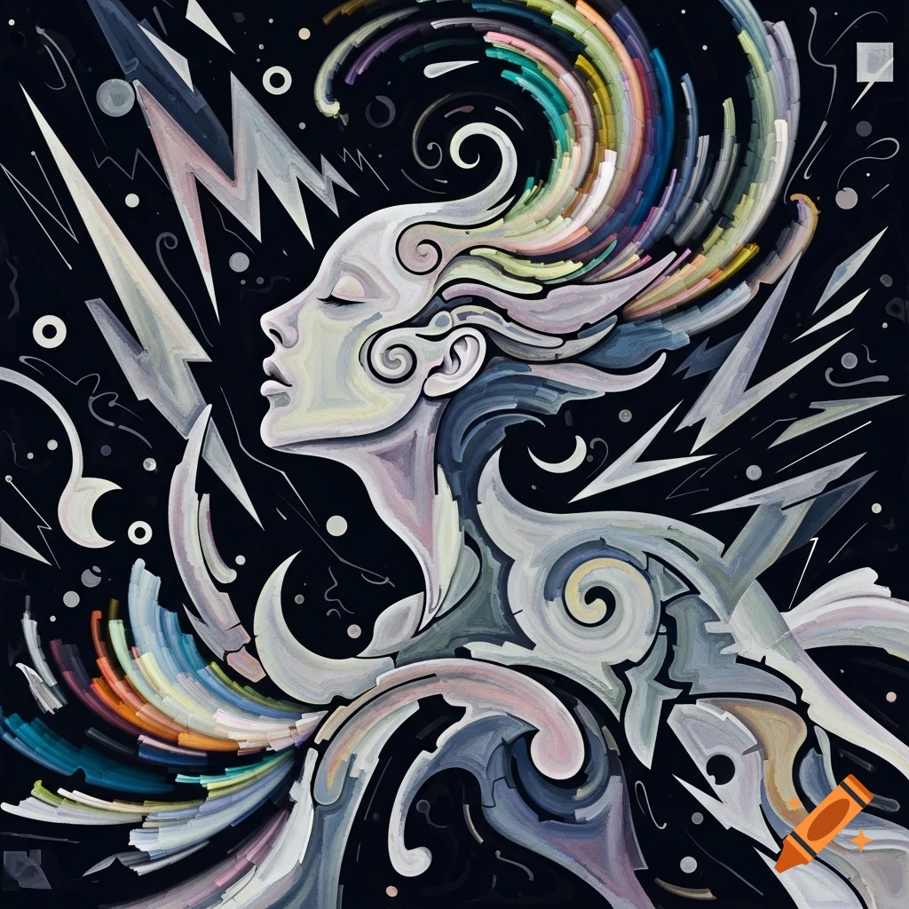 Abstract art of a woman's profile with colorful swirling hair and ...