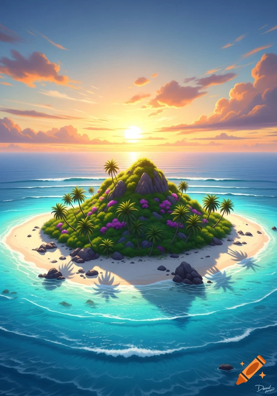 Stylized tropical island at sunset with palm trees, sandy beach, rocky hills, and vibrant purple flowers surrounded by clear blue ocean.