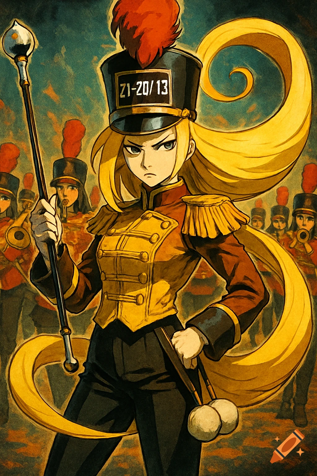 An anime-style female character with long blonde hair, dressed as a drum majorette in a yellow and brown uniform, holding a baton, with a marching band in the background.