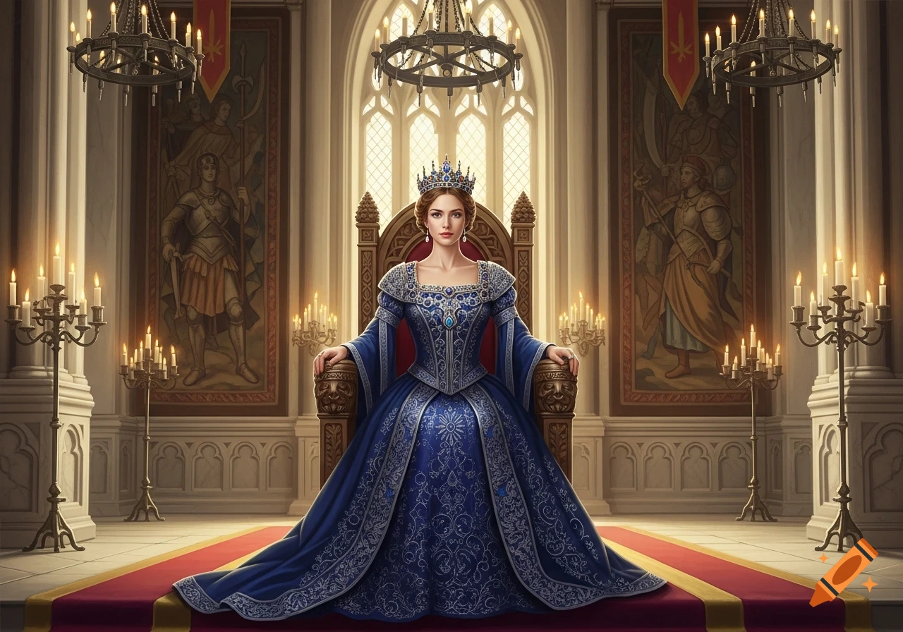A queen in an ornate blue and silver gown and crown sits regally on a golden throne in a grand, candlelit hall.