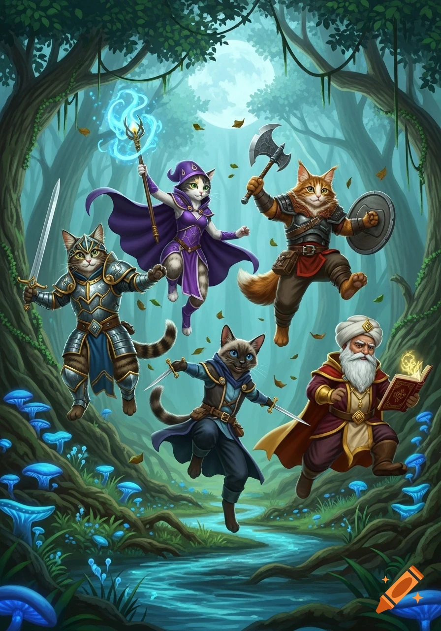 Anthropomorphic cat D&D characters, dressed as warriors and mages, leap through a mystical forest with blue mushrooms.