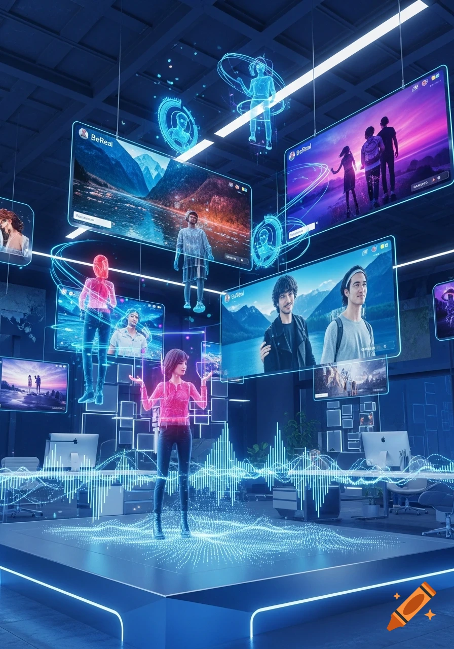 A futuristic social media concept with holographic displays and glowing digital elements in a blue-lit room. A woman in pink interacts with floating screens showing landscape and people, surrounded by other translucent figures.