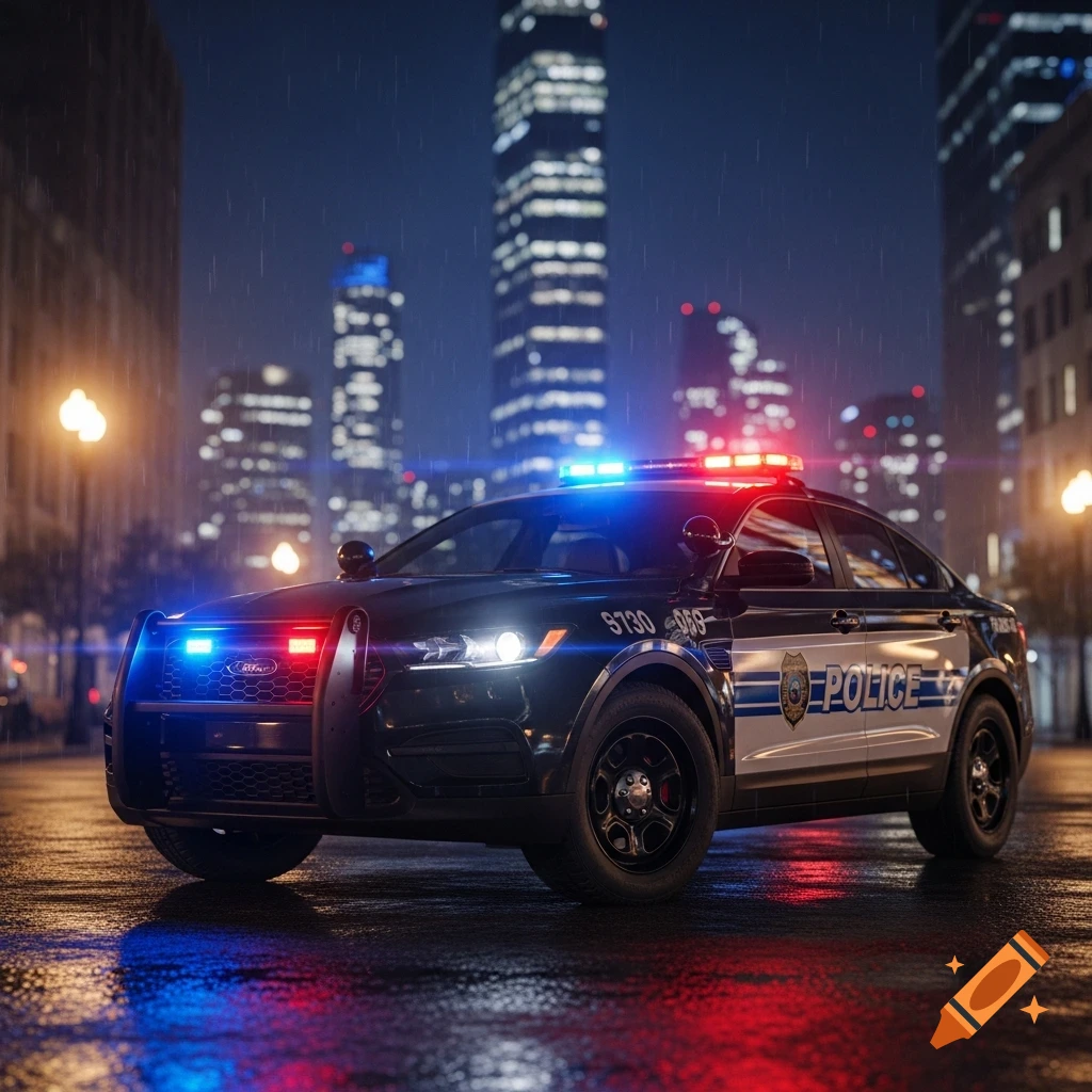A photorealistic police car with flashing lights on a wet city street at night, with blurred skyscrapers in the background.