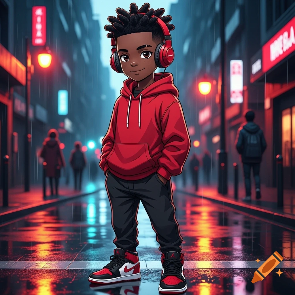 Anime-style boy with dreadlocks, red headphones, red hoodie, black pants, and red Jordans stands on a rainy city street.