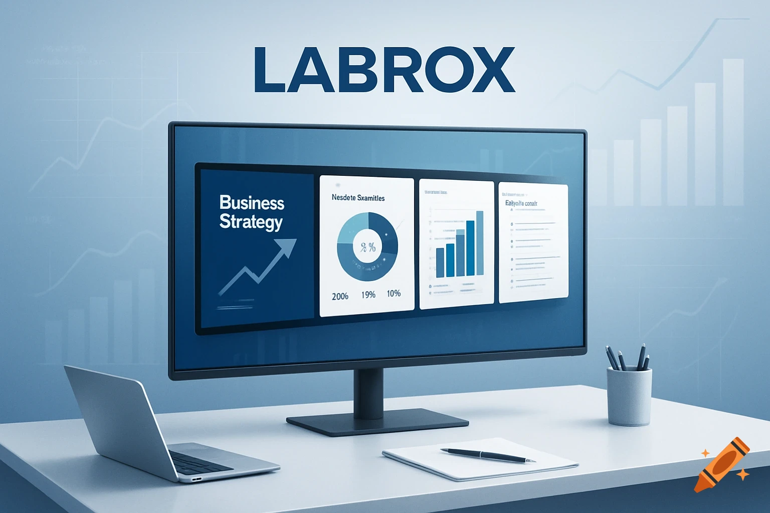 A modern office desk with a laptop, pen, and notebook next to a monitor displaying business strategy, charts, and graphs. 'LABROX' is at the top.