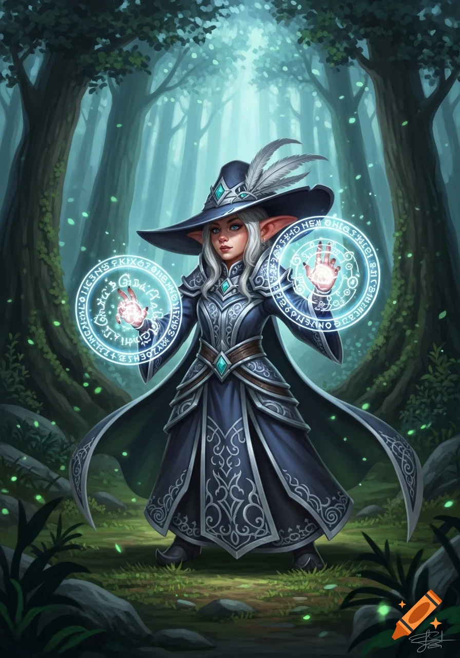 A female halfling sorcerer with white hair and pointed ears casts a ...