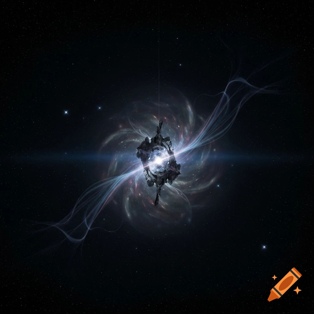 A dark space scene with a glowing, intricate celestial object surrounded by swirling light and nebulae.