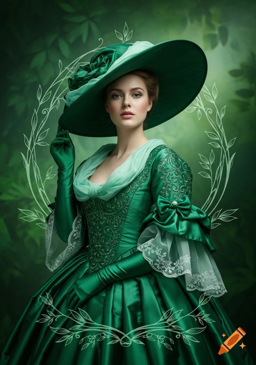 Elegant portrait of a woman in an ornate green dress, long gloves, and a wide green hat against a green background.
