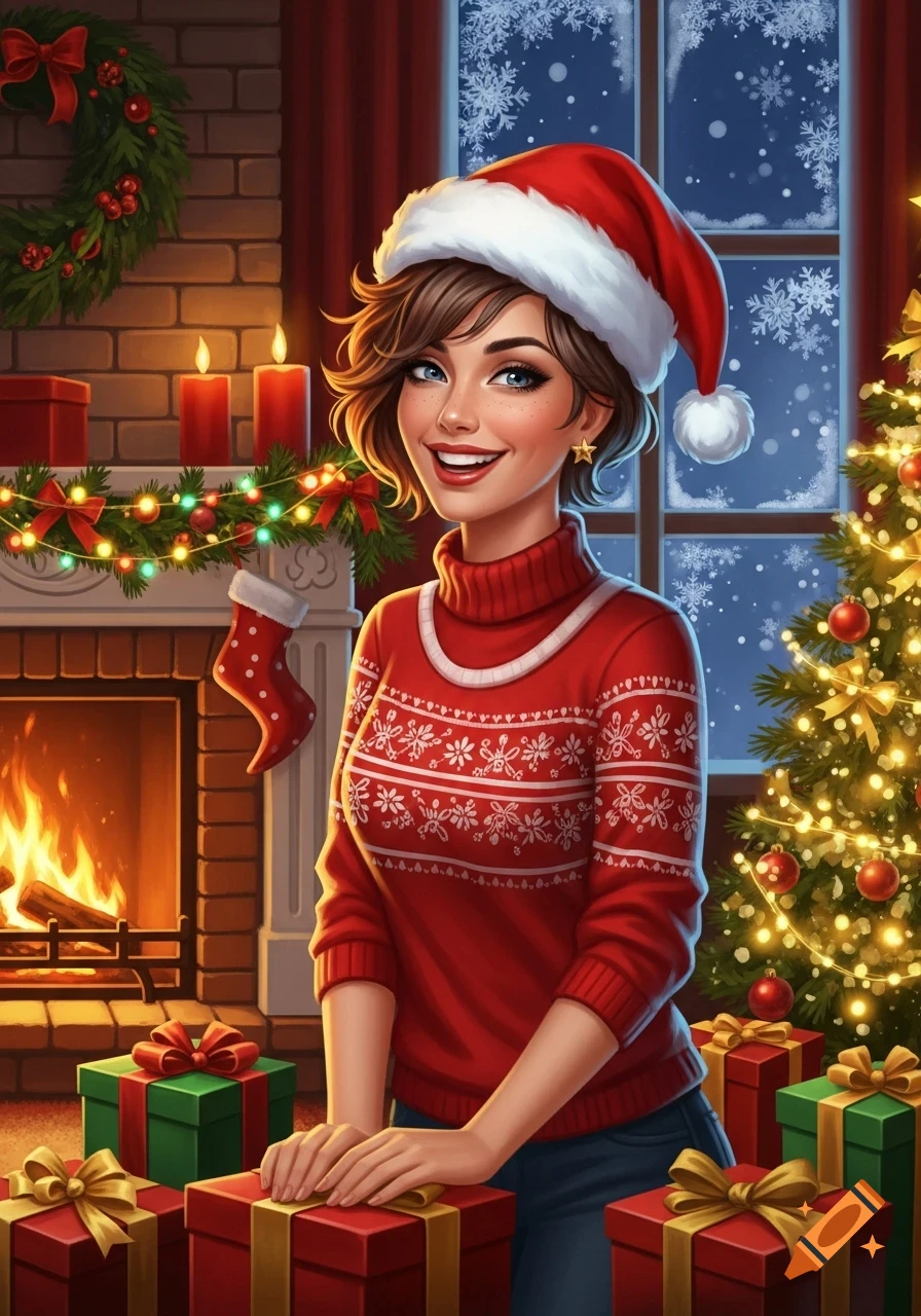 Smiling woman in Santa hat and red sweater by a fireplace and Christmas tree, surrounded by gifts, in an illustrative style.