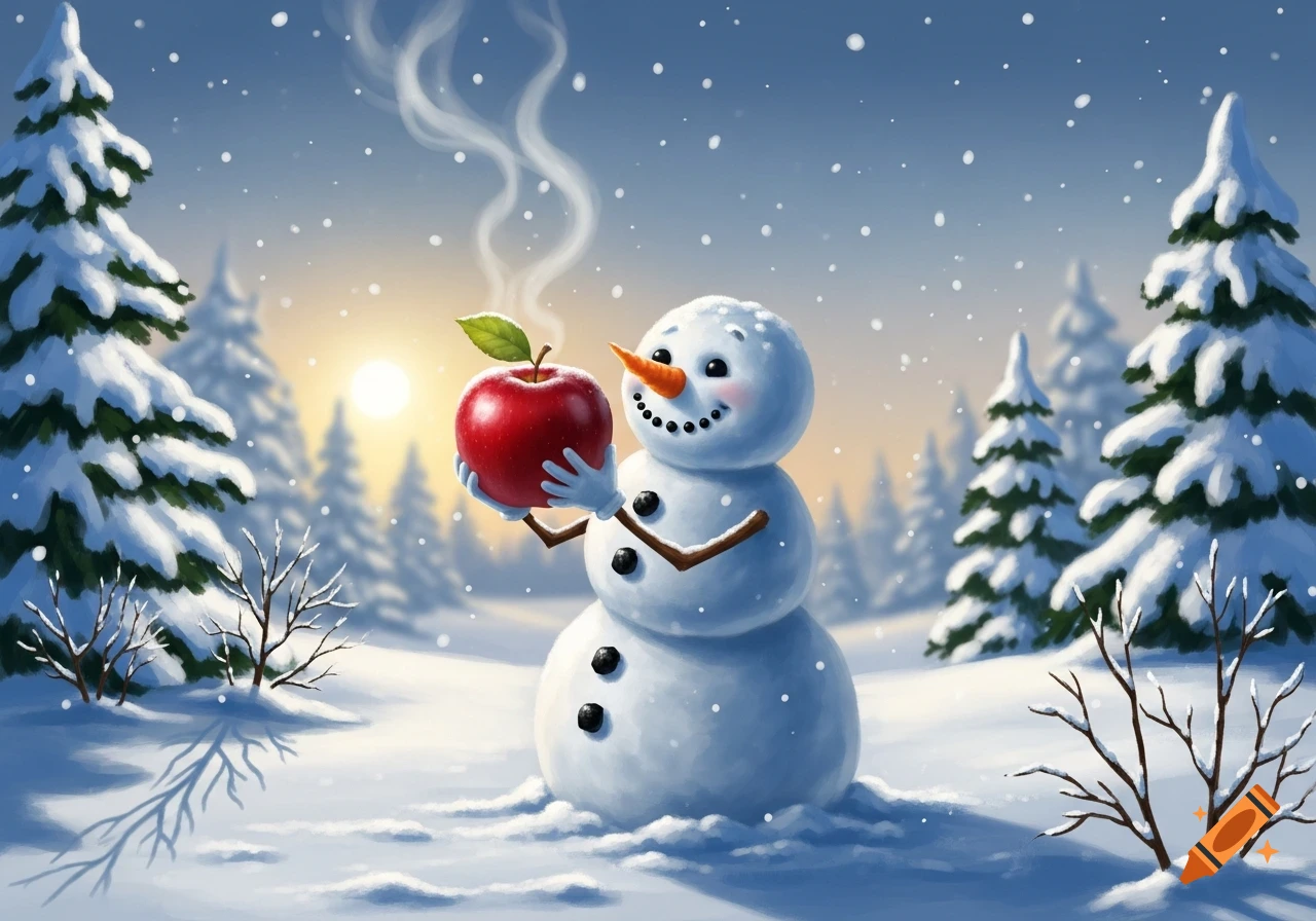 A cute snowman holds a red apple in a snowy winter forest with pine trees and falling snow. Digital art.