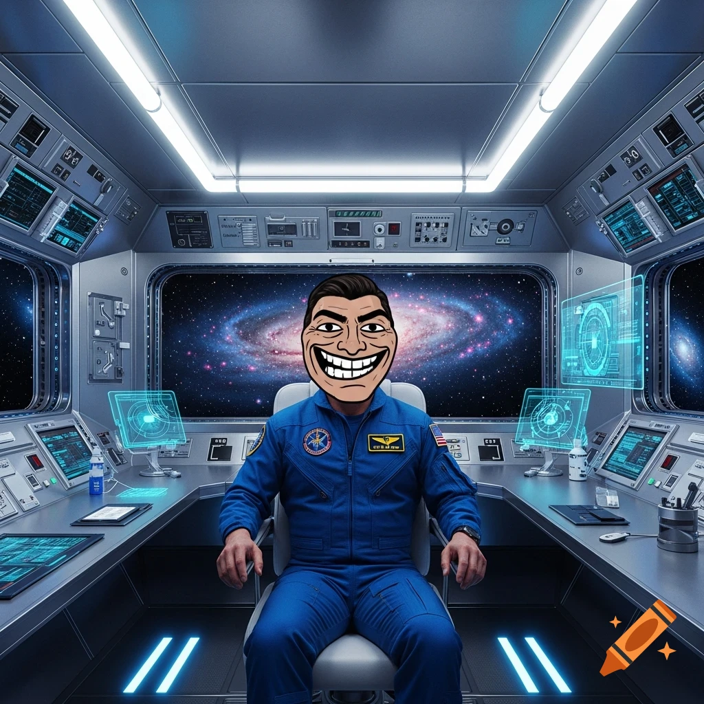 An astronaut with a "Me Gusta" meme face sits in a futuristic spaceship cockpit, gazing at a swirling galaxy.