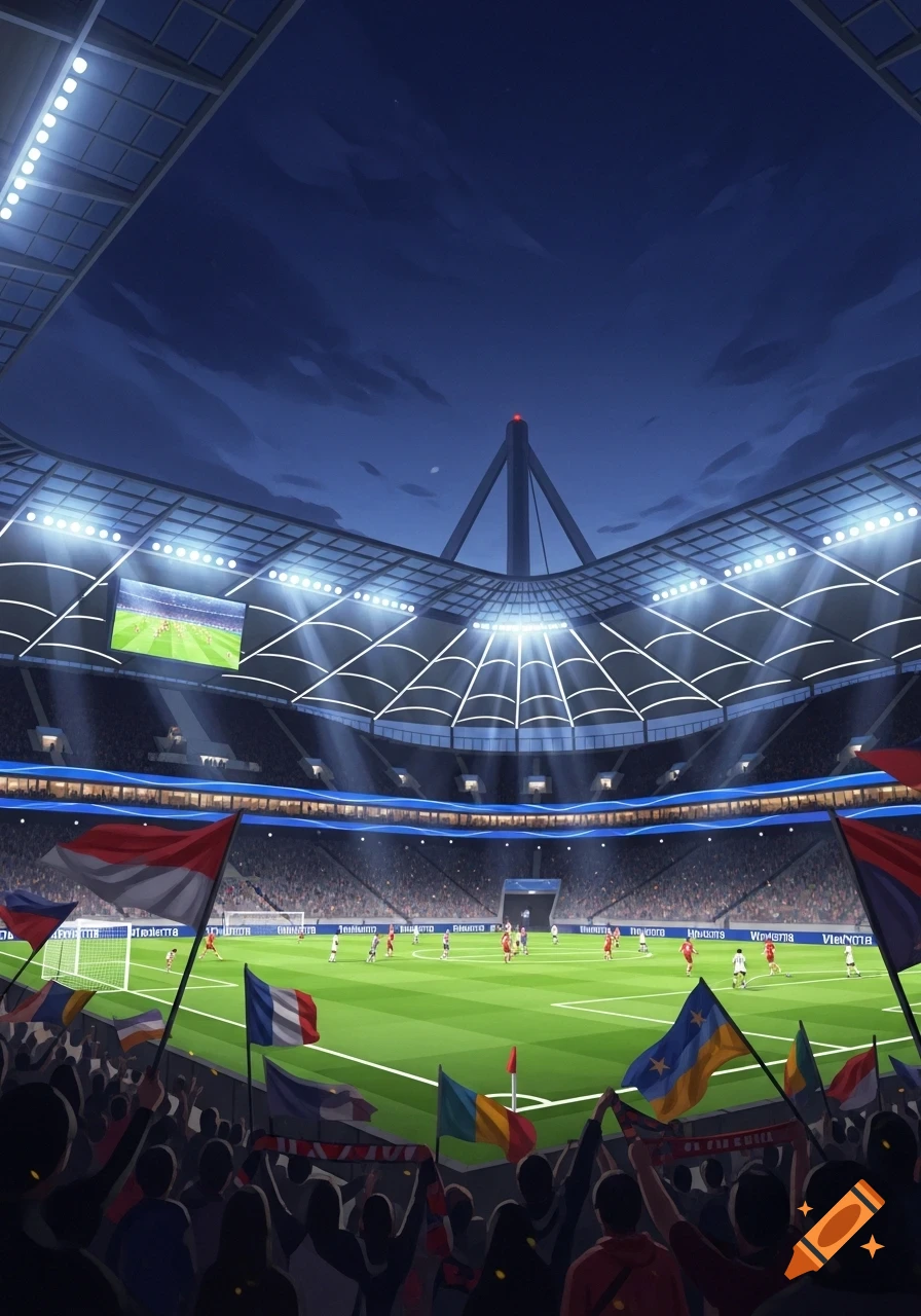 A vibrant, floodlit soccer stadium at night, with a game in progress and cheering fans waving flags.