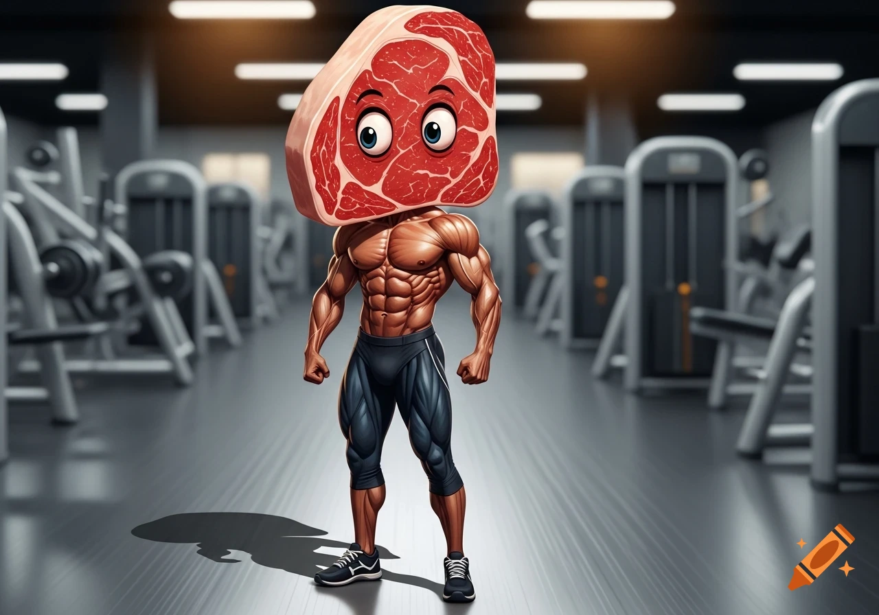 A muscular, cartoon bodybuilder with a raw meat slab for a head and wide eyes stands in a gym.