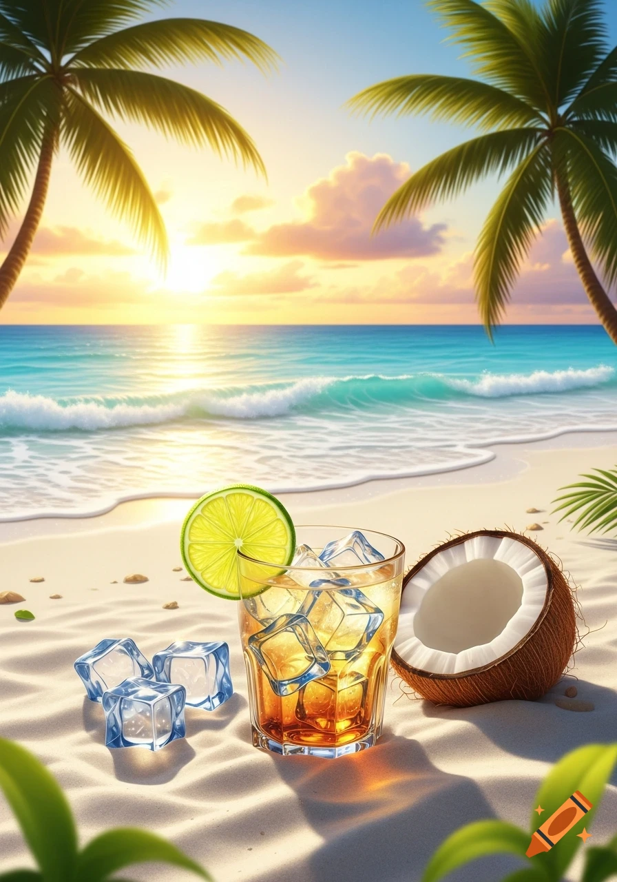 Iced cocktail with lime and split coconut on a sandy beach at sunset, with palm trees and ocean waves.
