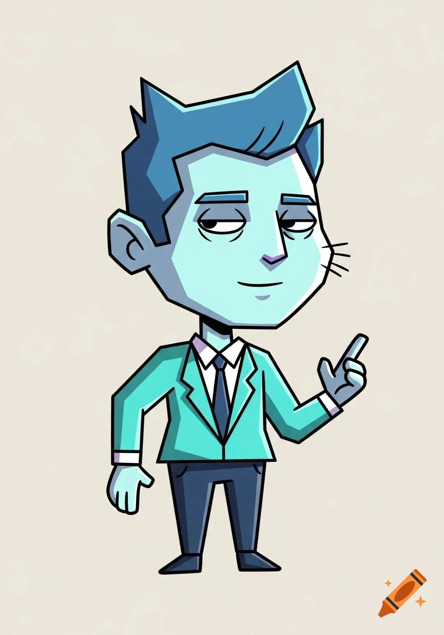 A quirky 2D cartoon man with blue hair and skin, wearing a teal suit and dark tie, points his finger.