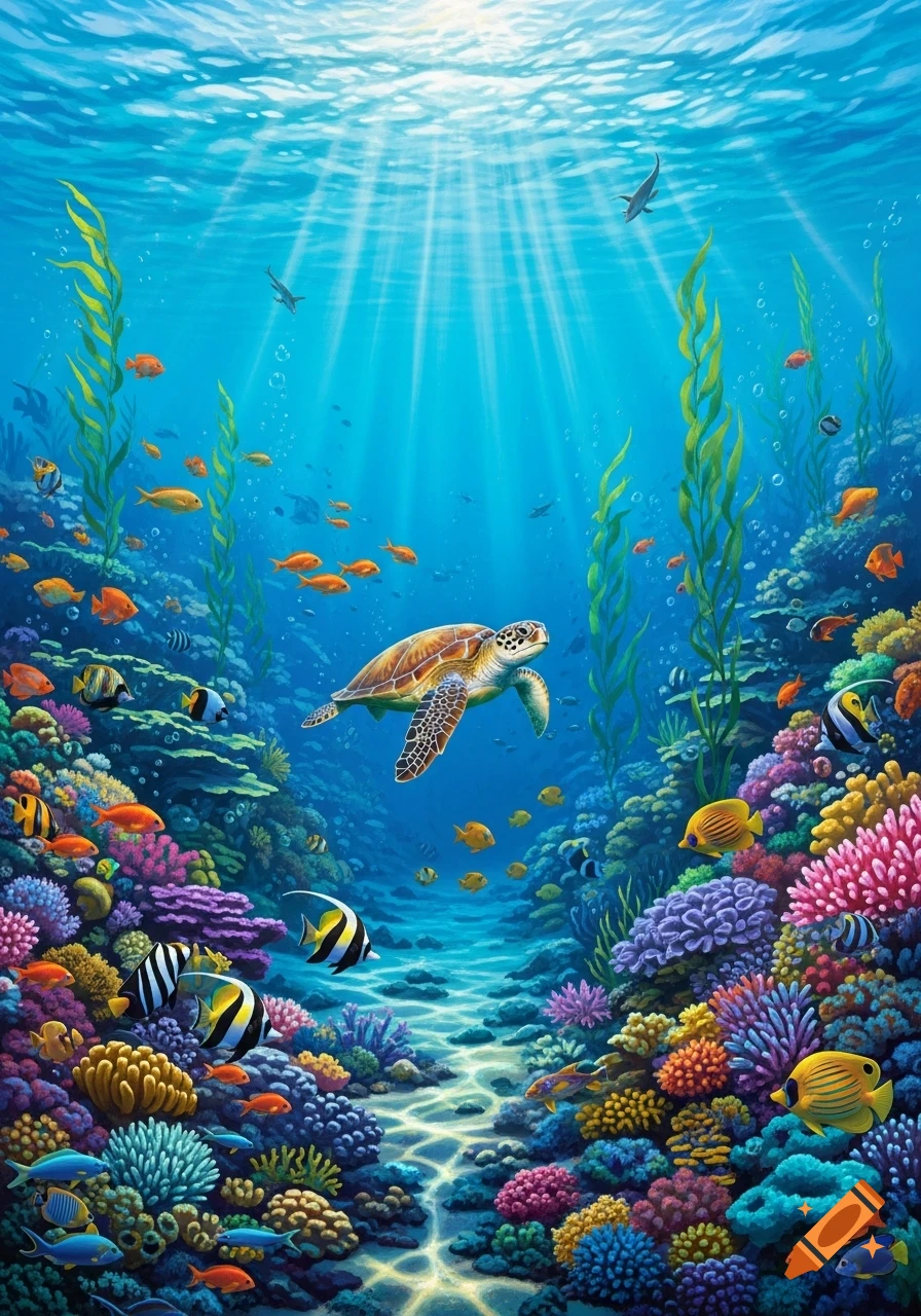 A vibrant underwater scene with a sea turtle swimming over a colorful coral reef, surrounded by various fish and kelp.