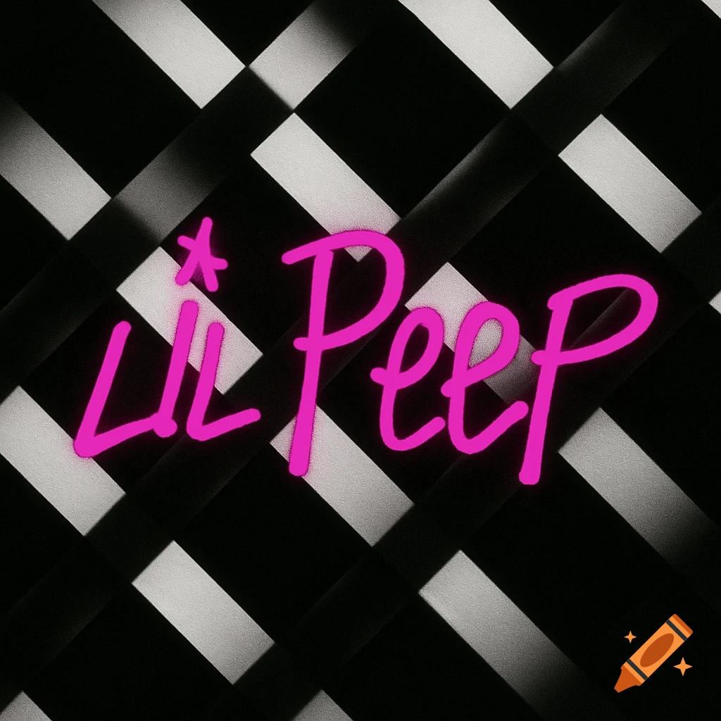 Pink neon text 'Lil Peep' on a black and white criss-cross patterned background.
