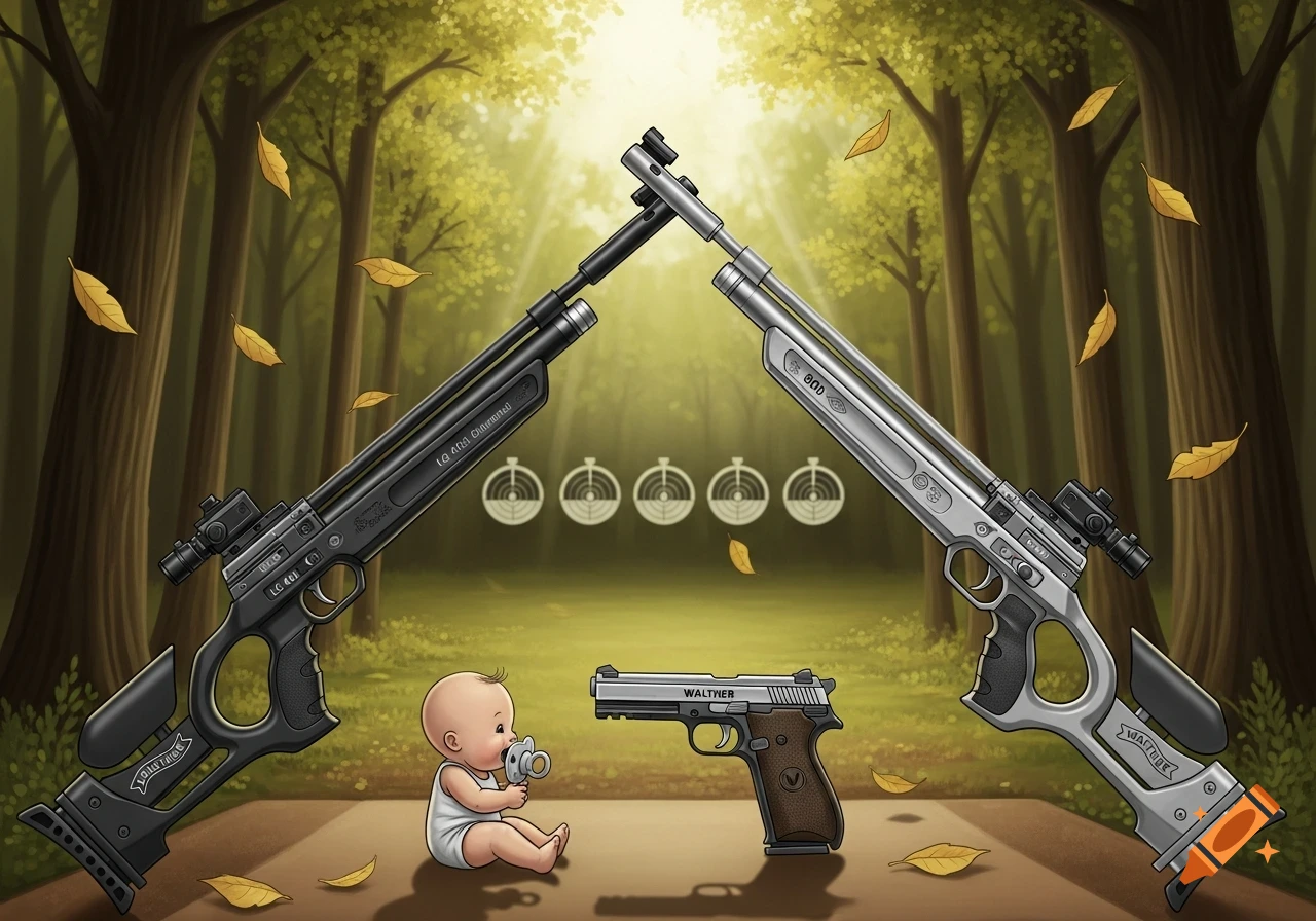 Cartoon baby with a pacifier in a pistol barrel, flanked by two rifles, in a forest with shooting targets.