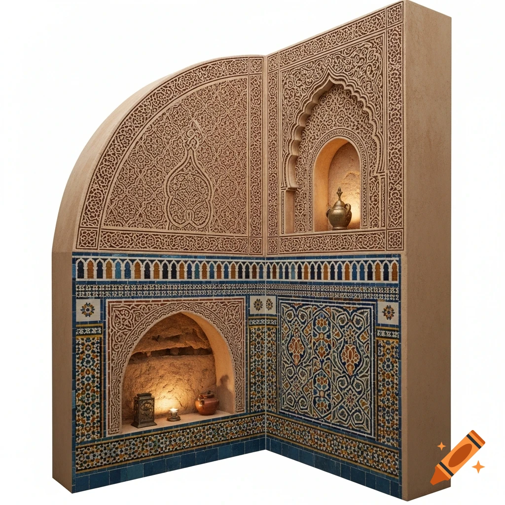 Moroccan-inspired corner wall featuring intricate carvings, colorful geometric tiles, and two arched niches with softly lit objects.