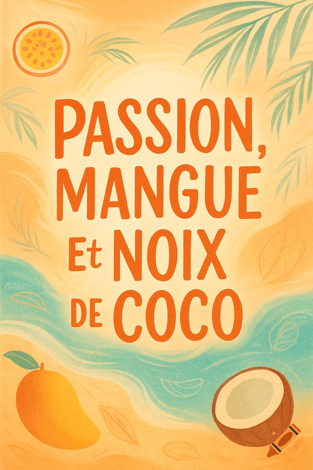 Tropical book cover illustration with 'Passion, Mangue Et Noix De Coco' text, a mango, coconut, passion fruit, and palm leaves.