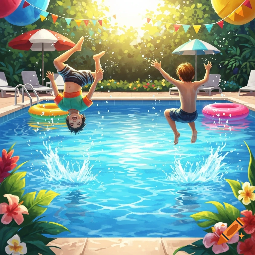 Two boys jump into a sunny swimming pool at a vibrant party, one doing a flip, surrounded by splashes and tropical plants.
