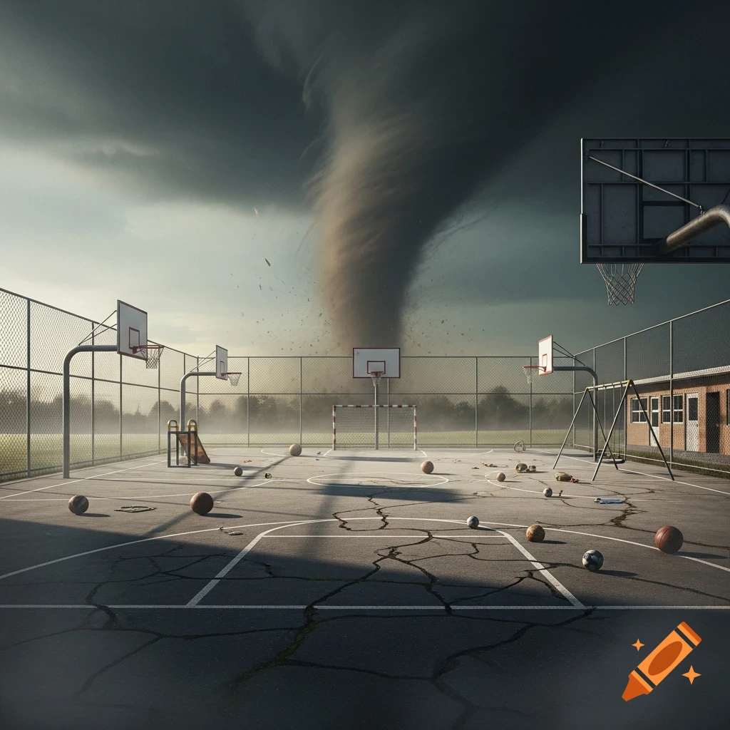 A dramatic photorealistic image of a tornado looming over a desolate, cracked school sports yard with scattered balls and basketball hoops.