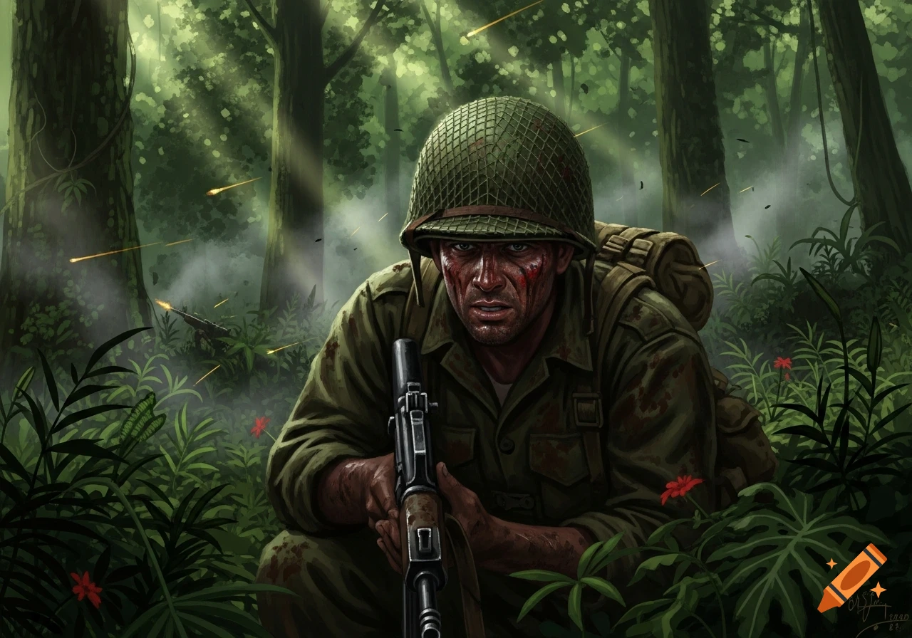 Illustration of a grim soldier in a helmet holding a rifle, crouching in a dense jungle during combat.