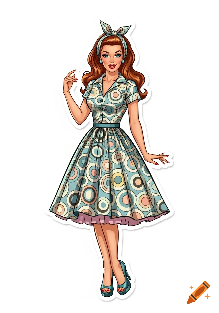 Illustrated retro pin-up woman with red hair, wearing a blue patterned dress, matching headscarf, and high heels.